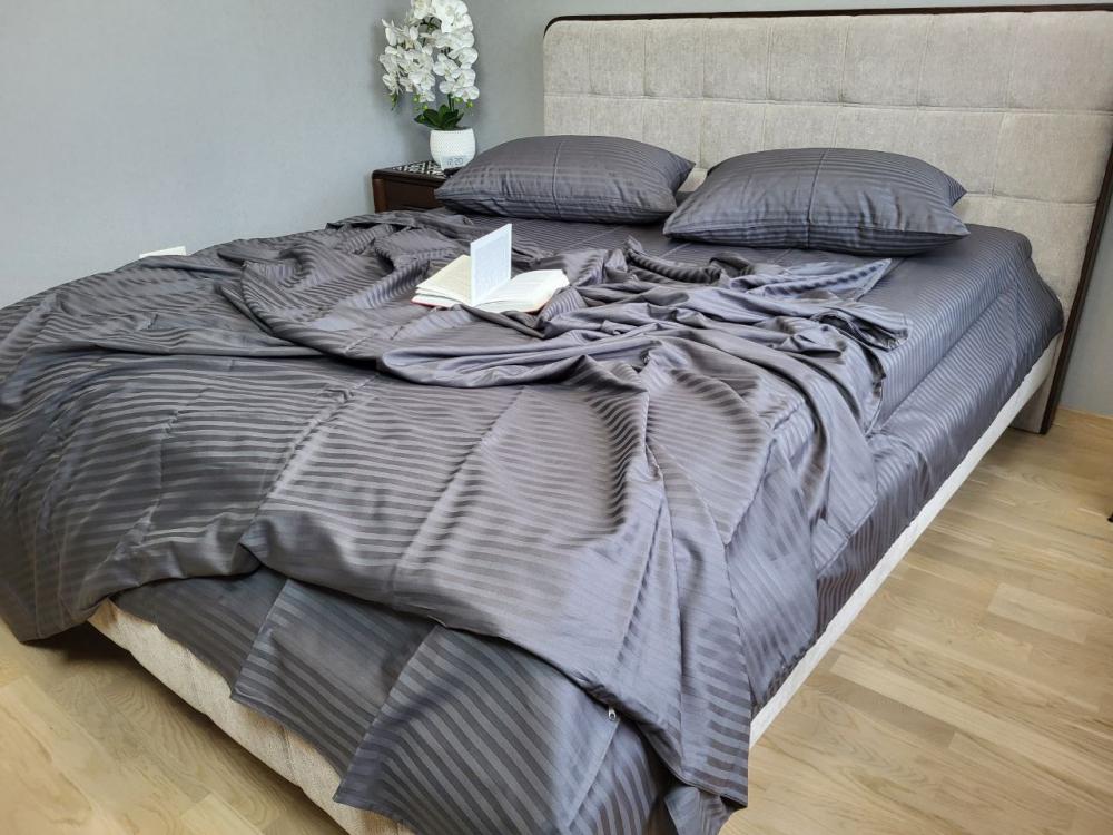 Комплект постільної білизни Stripe Сатин LUX євро на резиинці 1/1 см Gray shadow