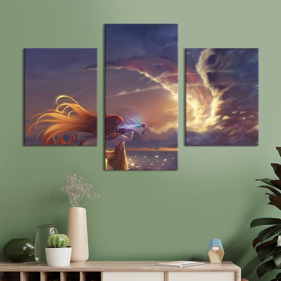Картина на холсте триптих Волшебная аниме-девушка со скрипкой 66x40 см (1431-32)