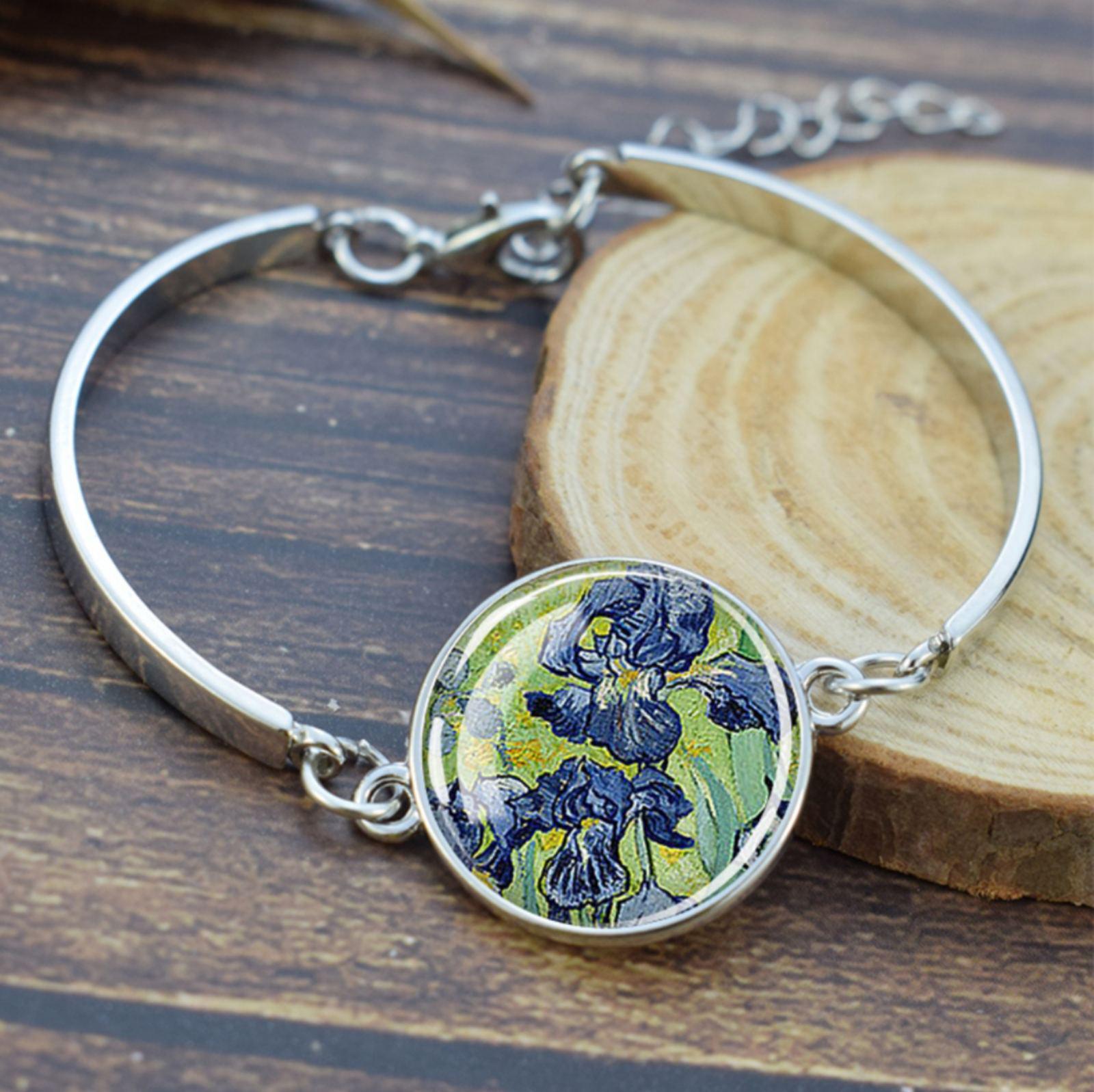 Браслет жіночий металевий з вставкою за мотивами картини Ван Гога Іриси (00104)