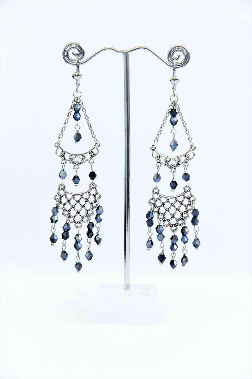 Сережки довгі з чорними намистинами підвісками Ностальгія ручна робота (ER-0077)