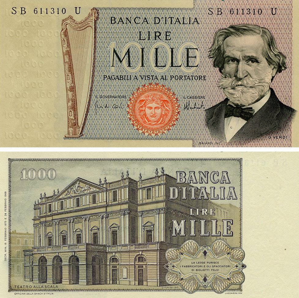 Коллекционная банкнота Италия 1000 лир 1969 UNC (P101a)