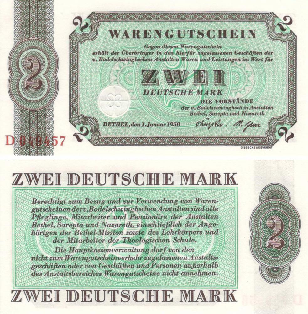Коллекционная банкнота Германия 2 марки 1958 UNC (Б09119)