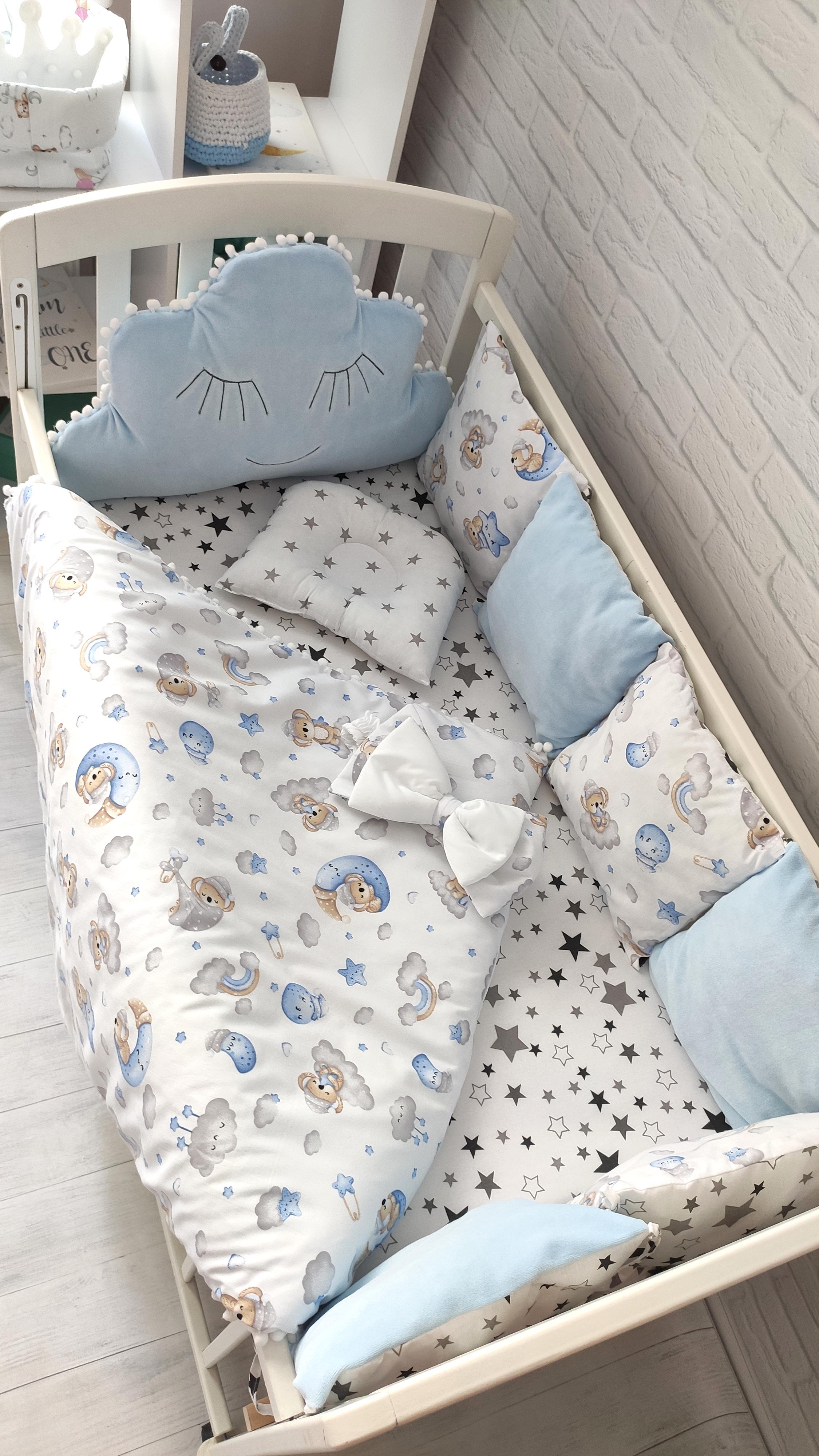 Набор бортиков в кровати Велюр Облако на три стороны Голубой - фото 6