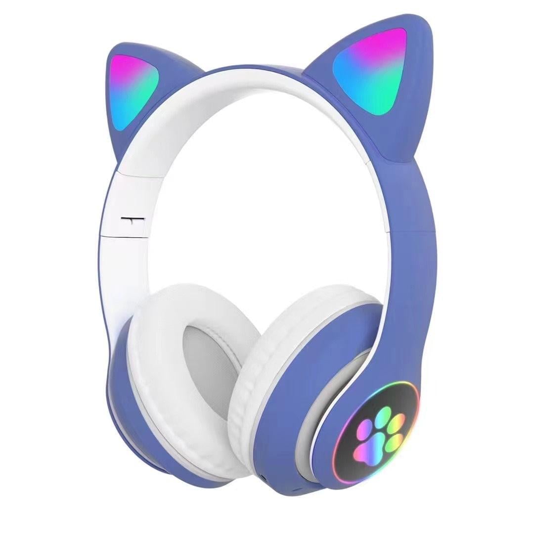 Наушники беспроводные детские Мяу Cat с LED ушками на Bluetooth с микрофоном и AUX кабелем Синий (300-3-5)