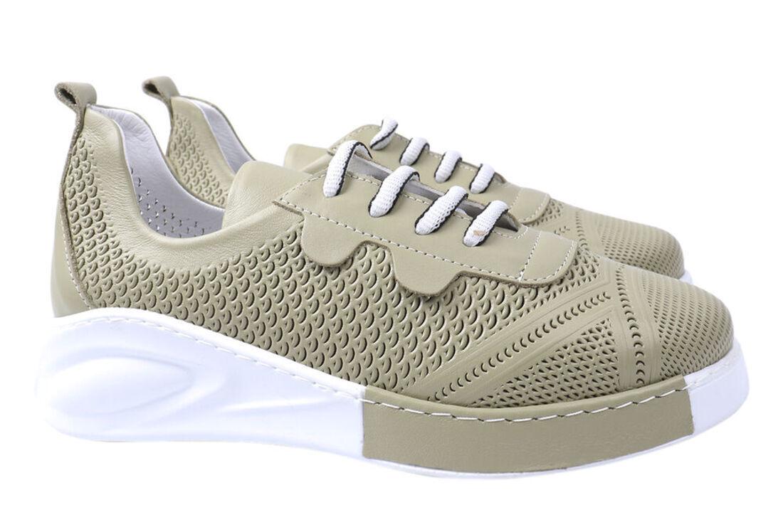 Кеды женские Aquamarin из кожи на низком ходу на шнуровке Оливковый (1907-21LTCP 38)