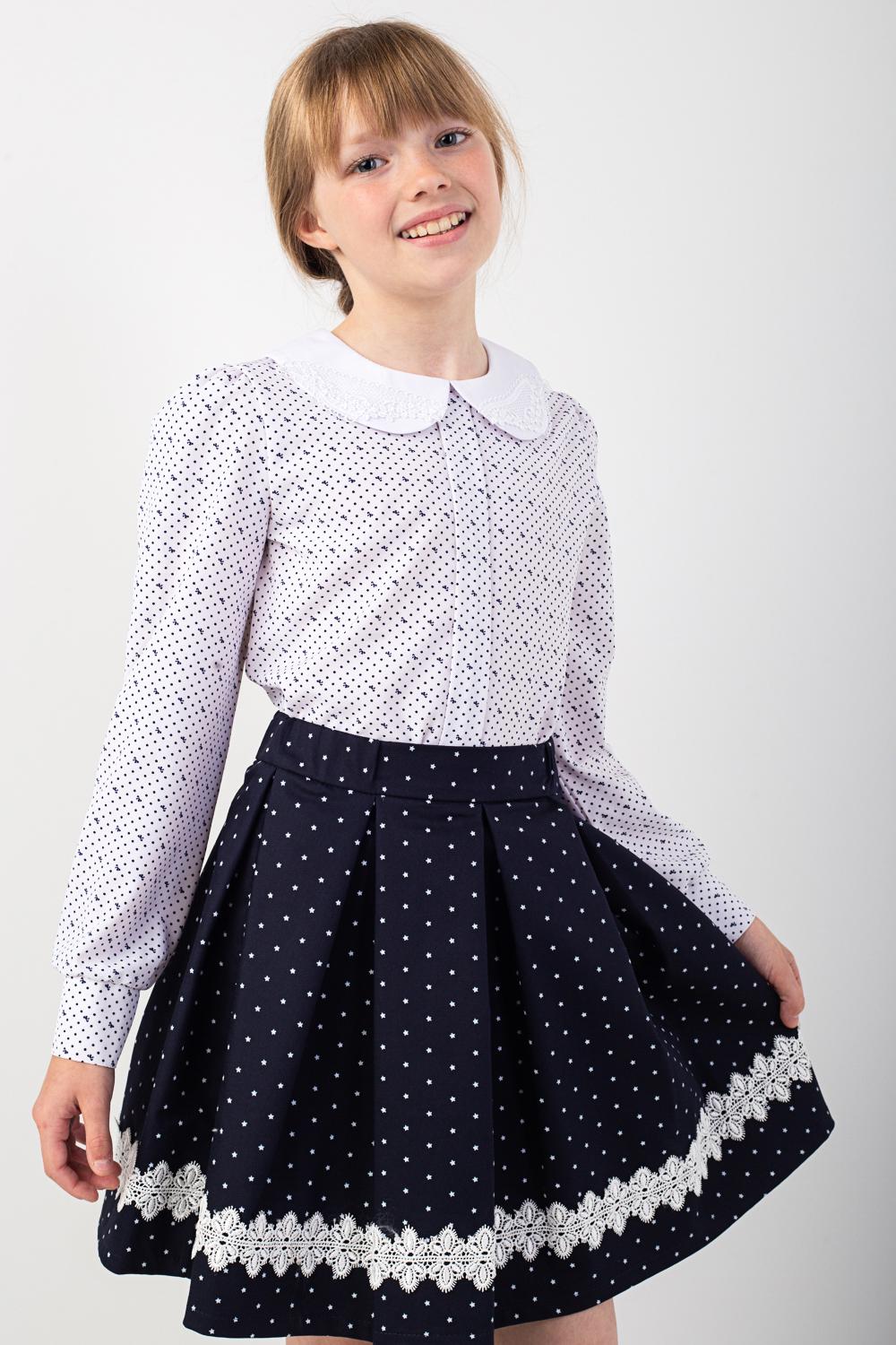 Школьная юбка Diва 54020 для девочки в белый горох и кружевом 134 см Темно-синий