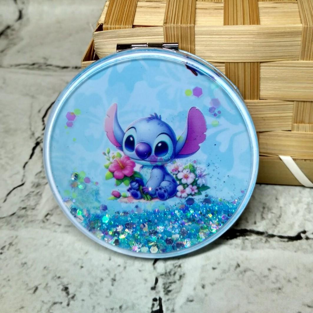 Зеркало карманное косметическое Стич жидкие блестки 7х7 см Голубой (А976)