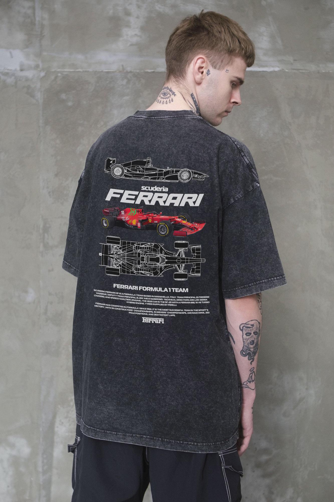 Футболка вываренная Without Washed Оверсайз с принтом Ferrari S/M Black (S/M 8056142 8056143)