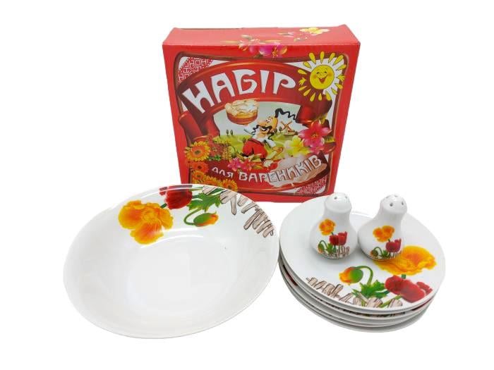Набор керамической посуды Сервиз столовый керамика Тарелки белые с рисунком Маки для вареников из 9 пр. 13091