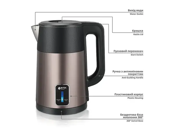 Електрочайник BITEK BT-7955 з індикатором температури Pro 2.5 л (27000179) - фото 2 Електрочайник BITEK BT-7955 з індикатором температури Pro 2.5 л (27000179) - фото 2