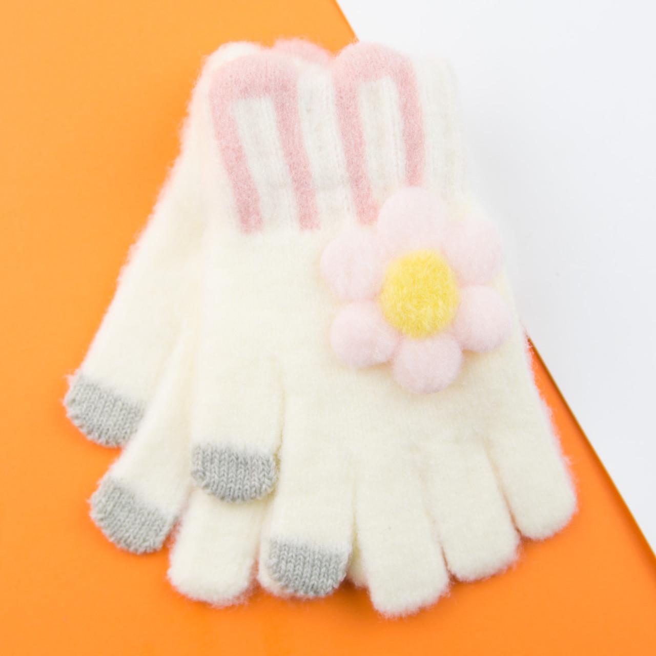 Перчатки для детей 4 - 6 лет для сенсорного телефона с цветочком Белый (22-25-49)