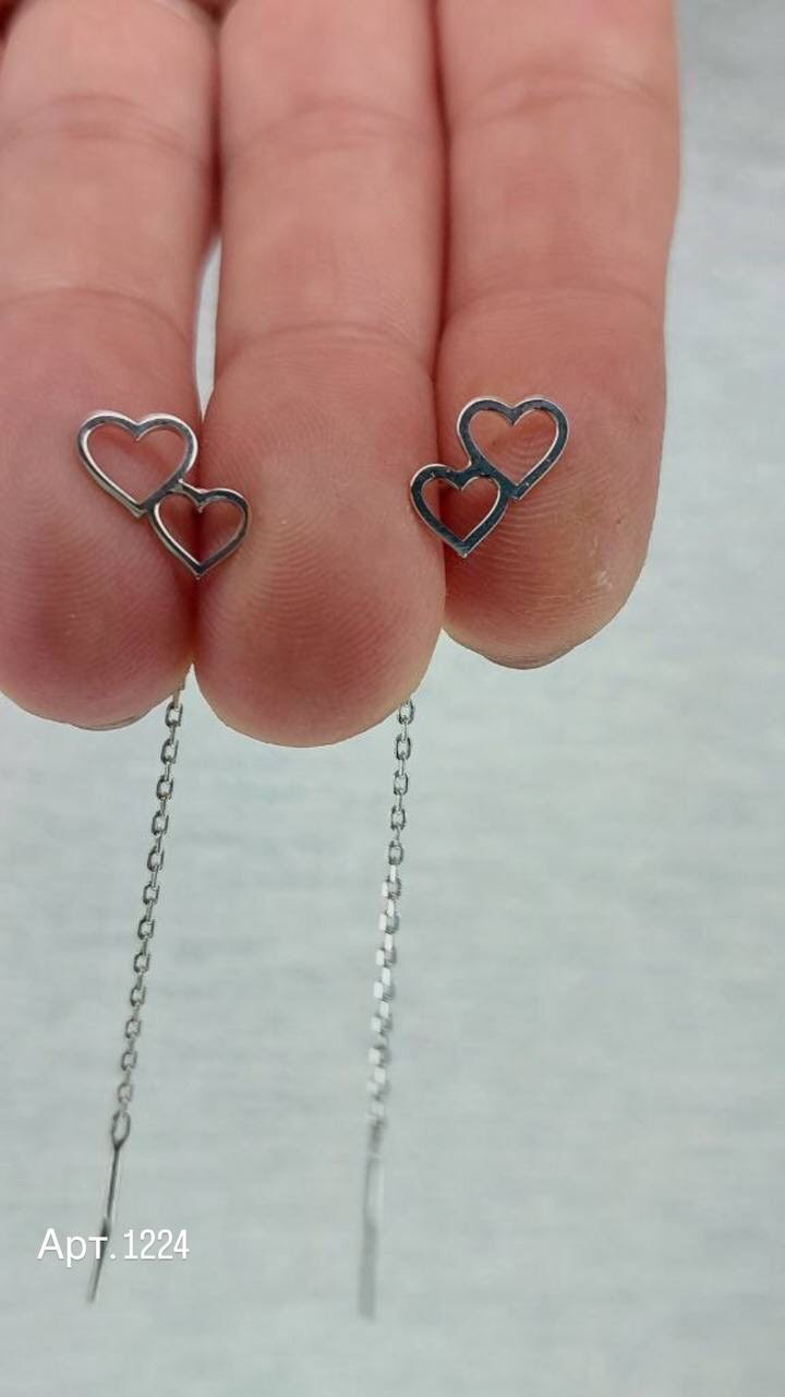 Серьги серебряные протяжки Два сердечка одинарные 925 проба (26943753) - фото 4 Серьги серебряные протяжки Два сердечка одинарные 925 проба (26943753) - фото 4