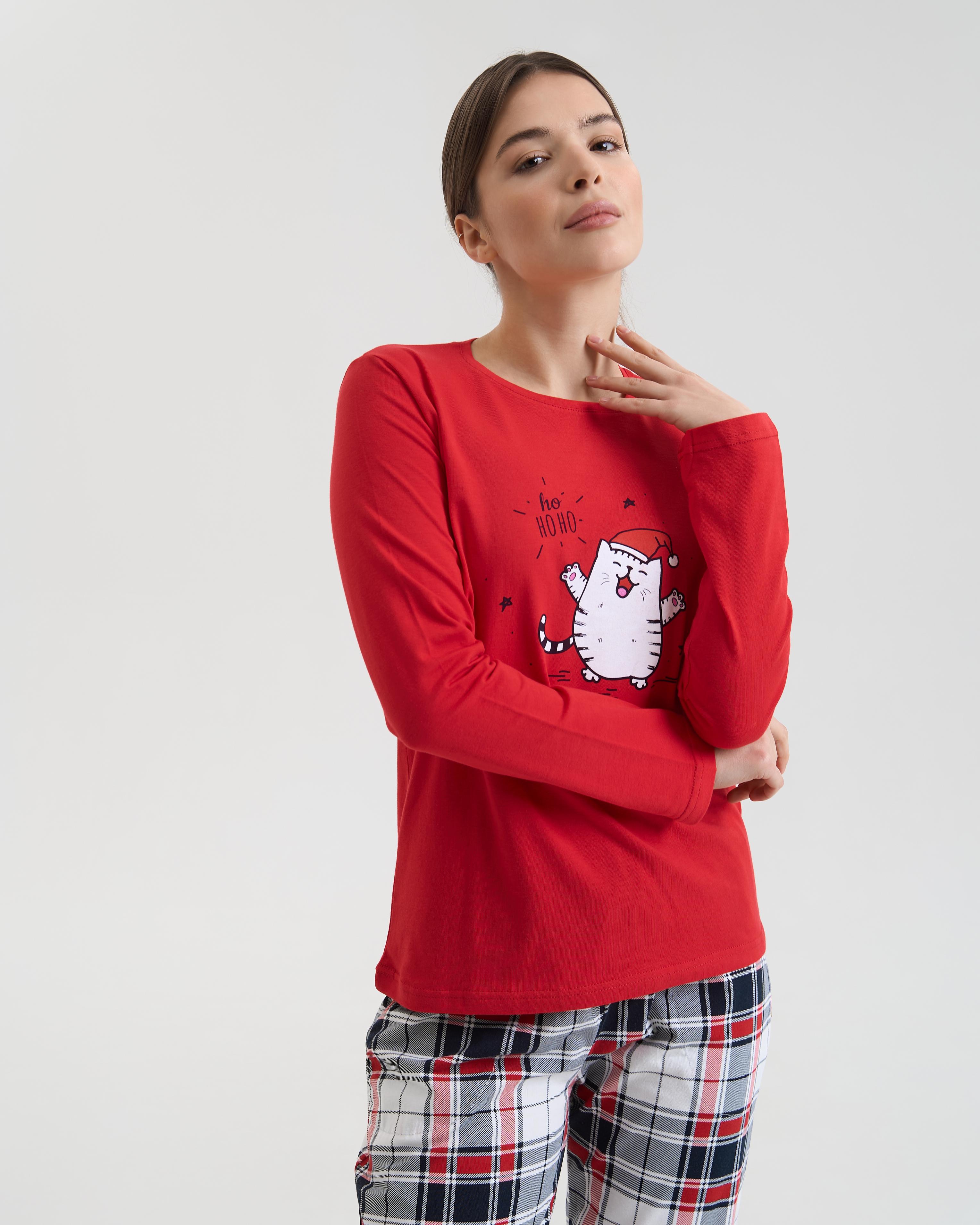 Піжама жіноча зі штанами Котик в шапці 96742 S Червоний - фото 2 Піжама жіноча зі штанами Котик в шапці 96742 S Червоний - фото 2