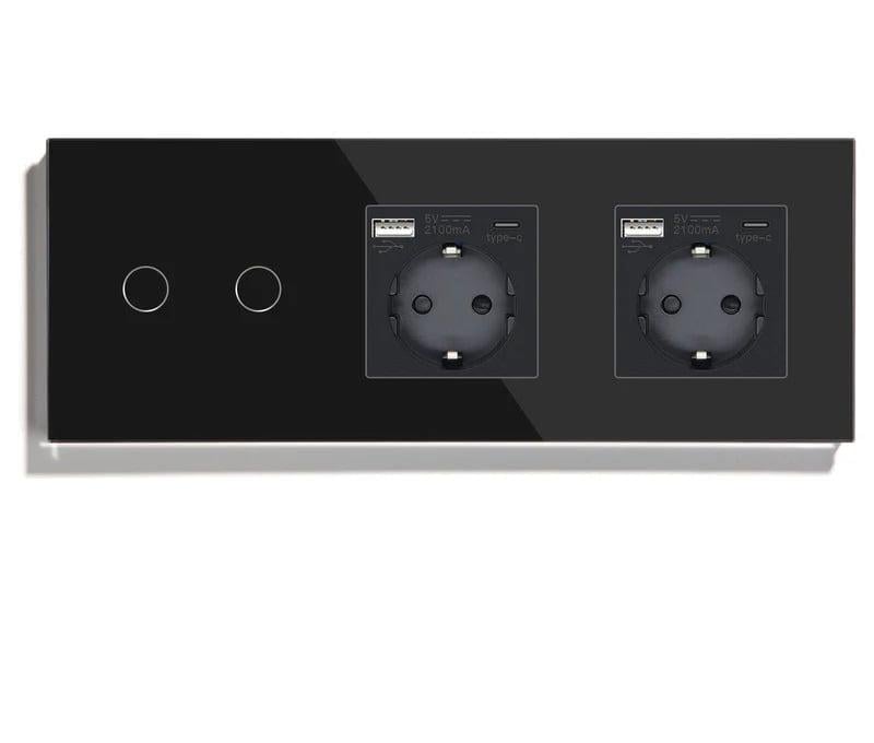 Выключатель двойной сенсорный LUXION с двумя розетками USB A+C 20Вт с заземлением/шторками стекло Черный