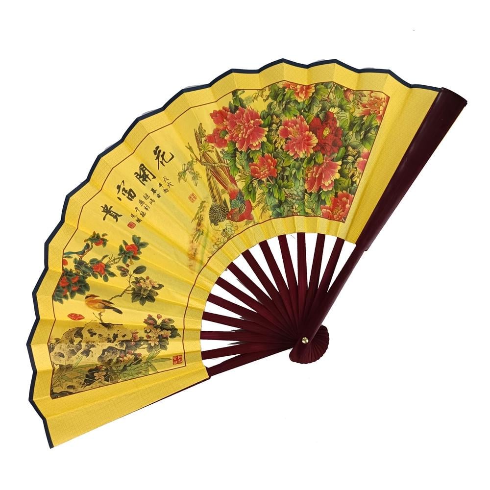 Веер двухсторонний Цветы и птицы 26х46 см Желтый (C5718)