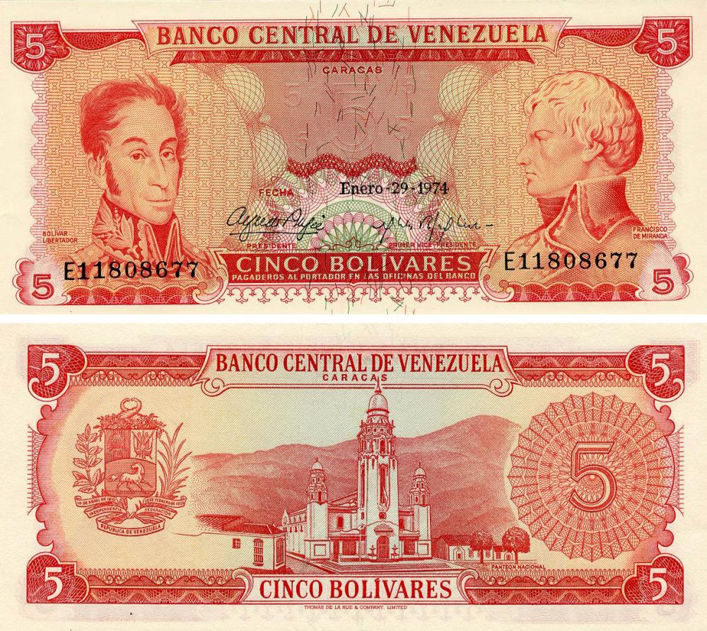 Коллекционная банкнота Венесуэла 5 боливар 1974 UNC (P50h)