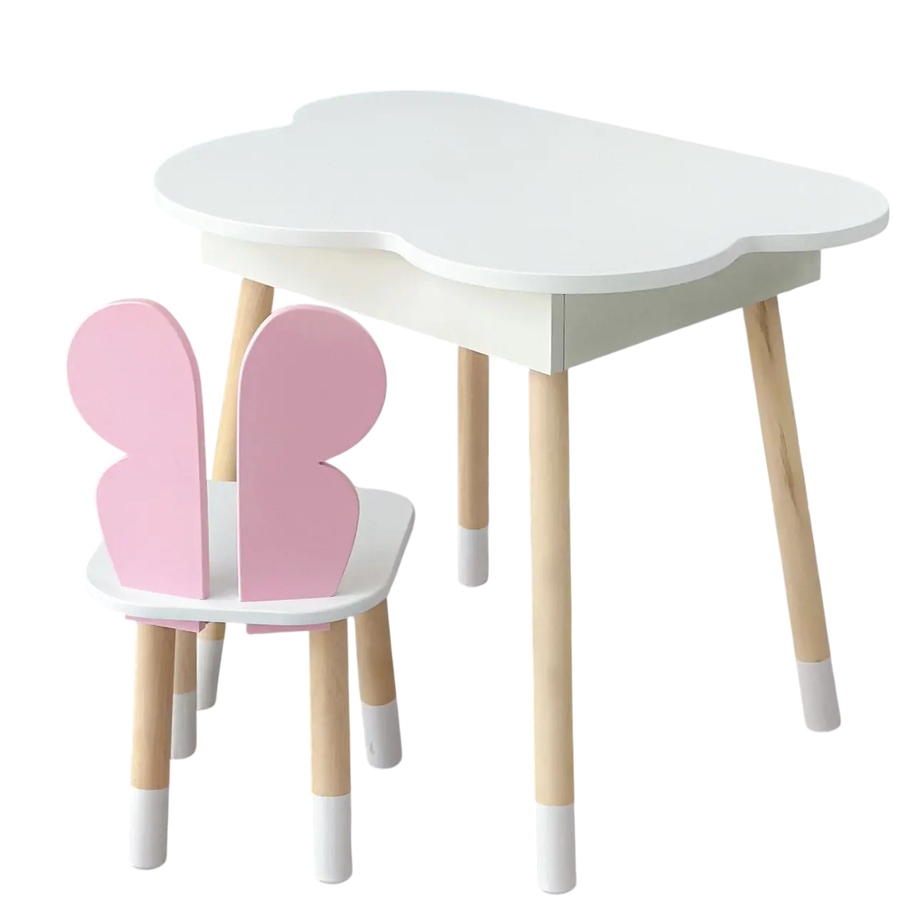 Набор мебели детский столик облачко с нишей для хранения и стульчиком бабочка деревянная 54х68х50 см Бело-розовый (150-7-30532)