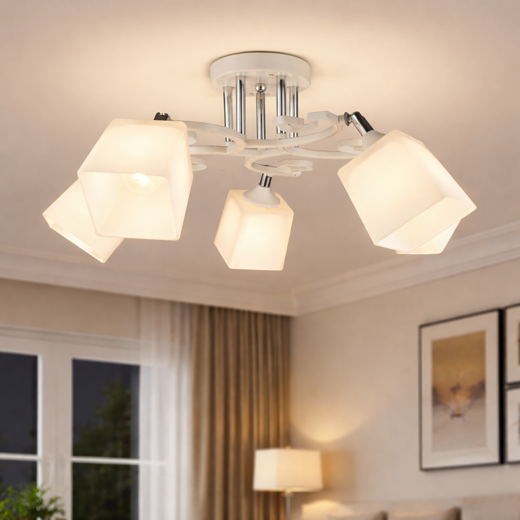 Люстра Sirius на пять квадратных плафонов под лампу Е27 Белый/Хром (N3845/5)