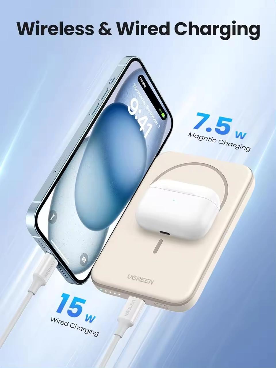 Повербанк магнитный Magsafe Ugreen PB560 5000 mAh 15 Вт с беспроводной зарядкой для iPhone Бежевый (26389506) - фото 9