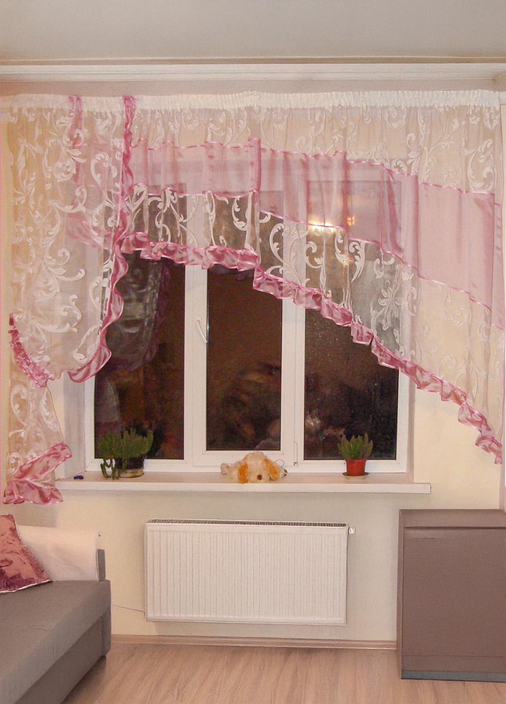 Комплект тюль до подоконника Firanka Завитки карниз 250 см Розовый (76к)