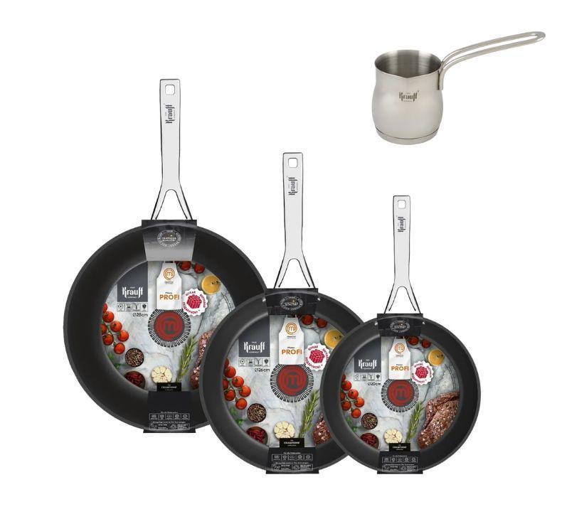 Набор сковородок Krauff Master Chef с емкостью для масла и подставки под горячее 20/26/28 см (55-333-502)