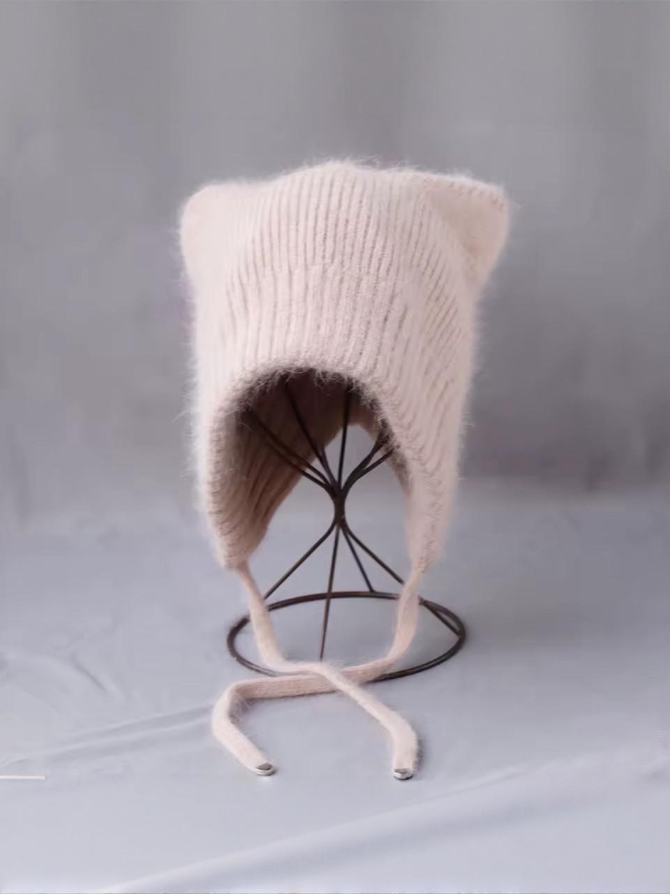 Шапка с ушками женская теплая вязаная двойная с завязками 35% шерсти (0298)