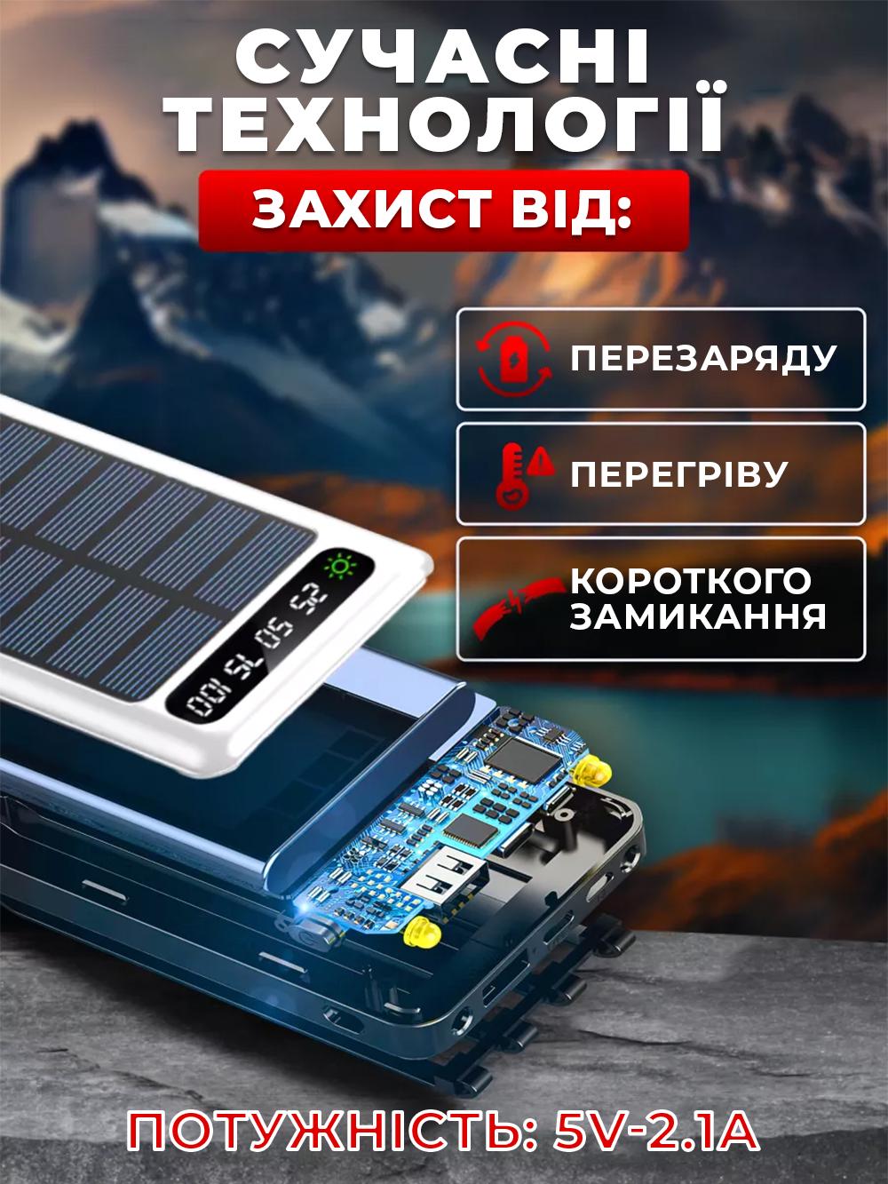 Повербанк с фонарем и солнечной батареи 50000 mAh 4 кабеля быстрая зарядка Белый (2cc6a8ea) - фото 7