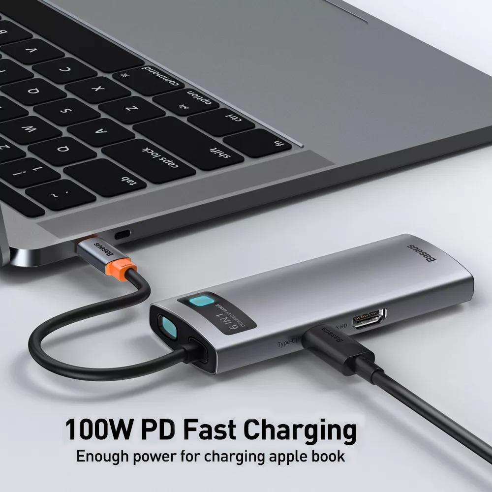 USB хаб BASEUS Metal Gleam Series 6in1 Multifunctional 3xUSB3.0 HDMI4K RJ45 Type-C Gray (CAHUB-CW0G) - фото 3 USB хаб BASEUS Metal Gleam Series 6in1 Multifunctional 3xUSB3.0 HDMI4K RJ45 Type-C Gray (CAHUB-CW0G) - фото 3