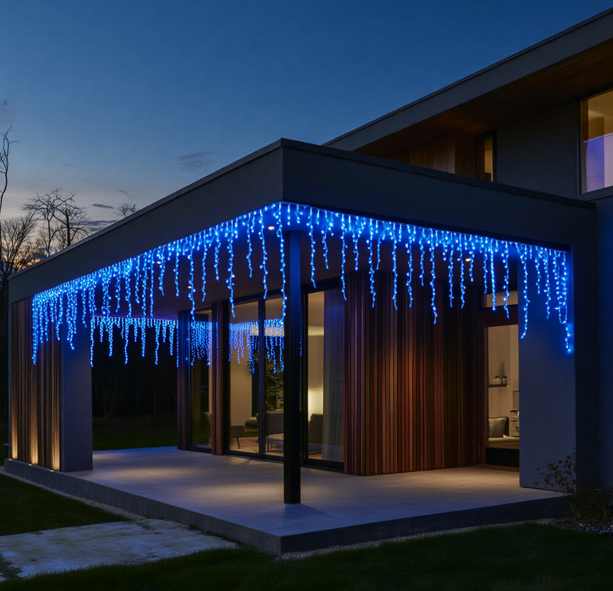 Гирлянда бахрома уличная 405 LED 25 м от сети белая нить Синий - фото 1 Гирлянда бахрома уличная 405 LED 25 м от сети белая нить Синий - фото 1