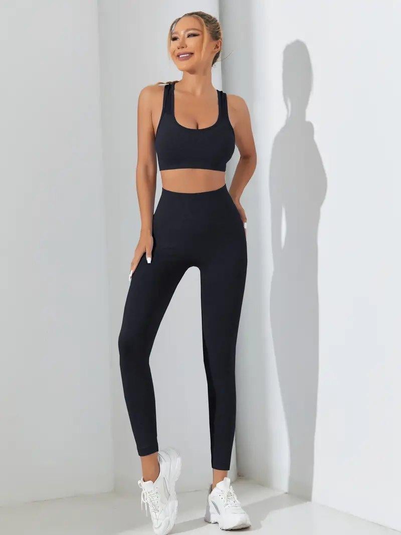 Костюм спортивный топ/леггинсы с чашками/пуш-ап эффектом M Черный (PZ01M)