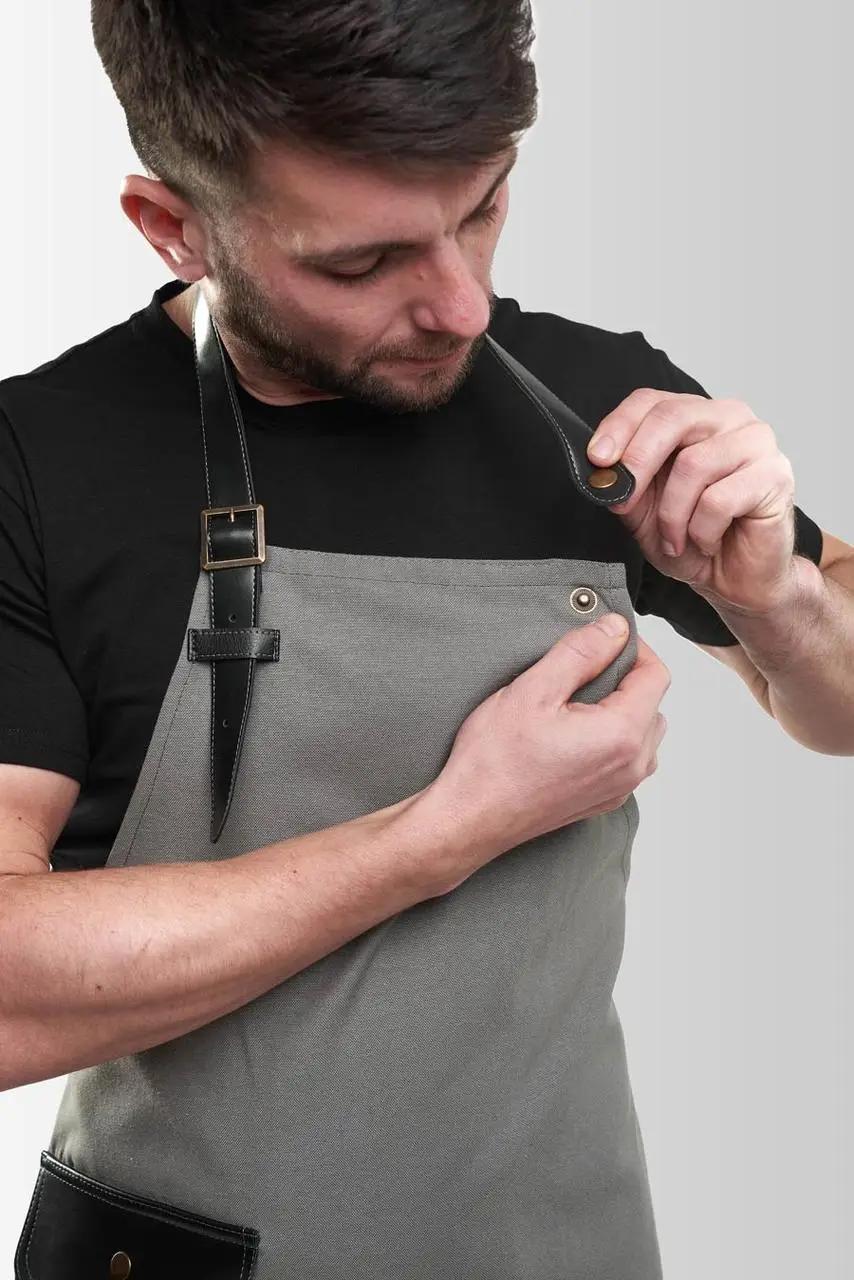 Фартук официанта рабочий из ткани VSETEX Jackson Teflon с кожаными ремнями и карманом Серый (VT1113) - фото 5 Фартук официанта рабочий из ткани VSETEX Jackson Teflon с кожаными ремнями и карманом Серый (VT1113) - фото 5
