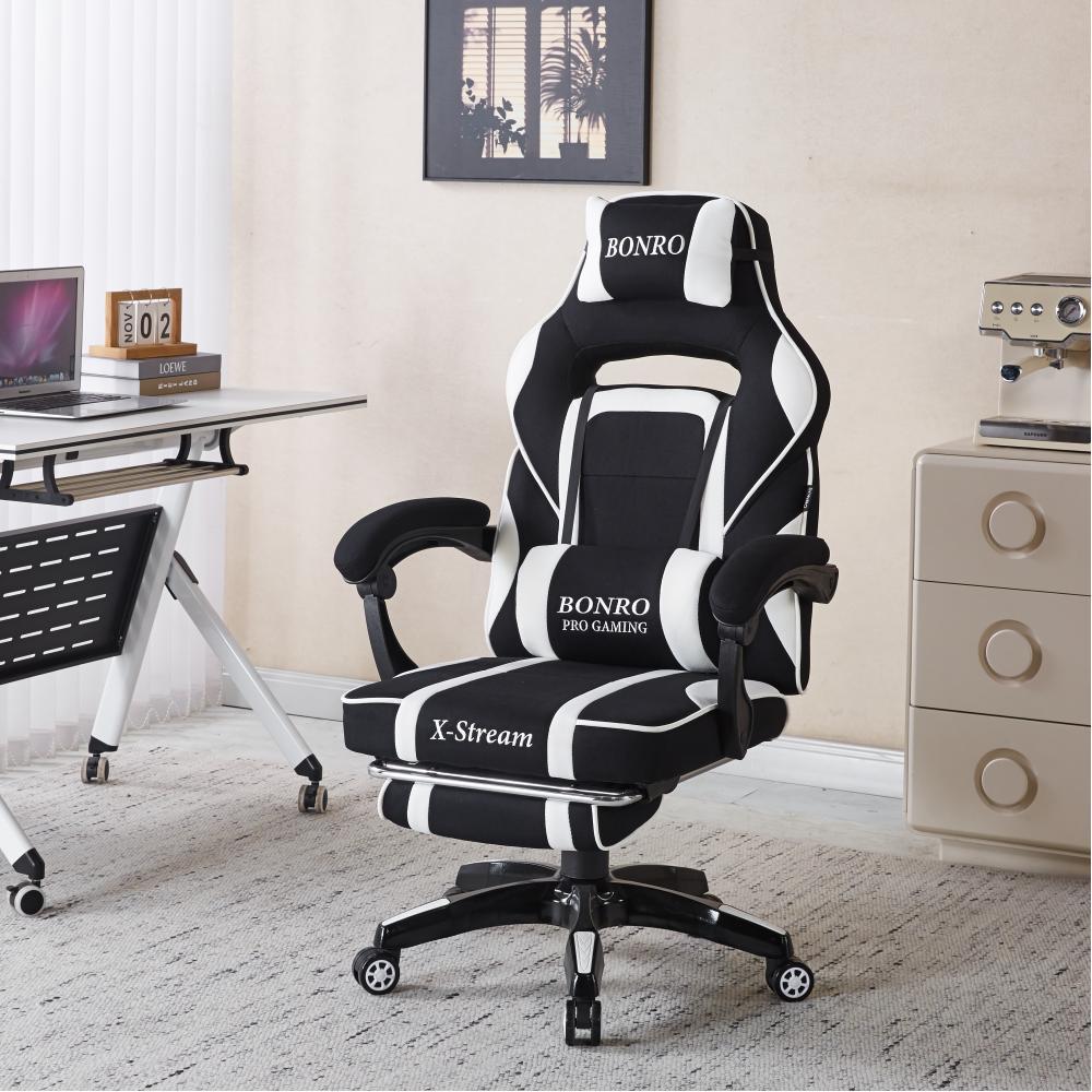 Крісло геймерське Bonro B-141 з підставкою для ніг та підлокітниками до 120 кг Чорно-білий (147-76-42401112)