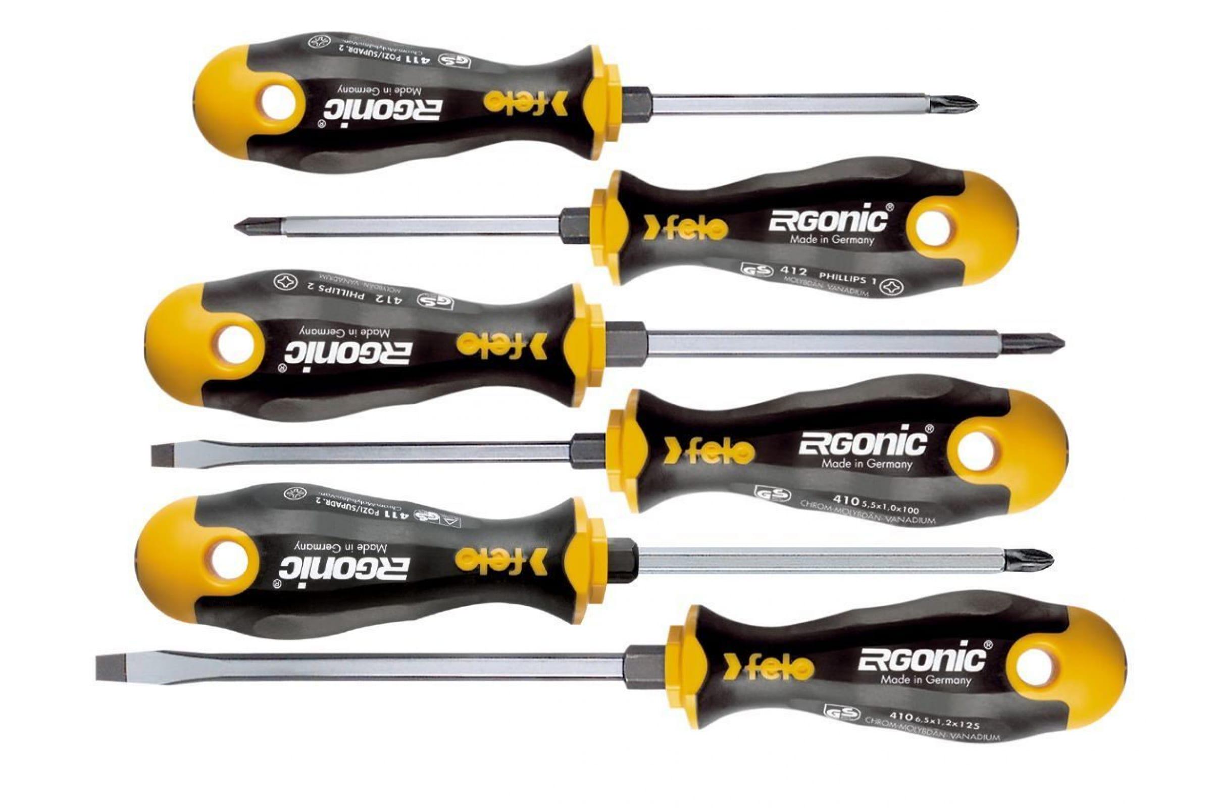 Отвертки Felo Ergonic 5,5х100/6,5х125/Pz1x80/Pz2x100/Ph1x80/Ph2x100 с шестигранным лезвием CrMoV сталь 41096348 (11115)
