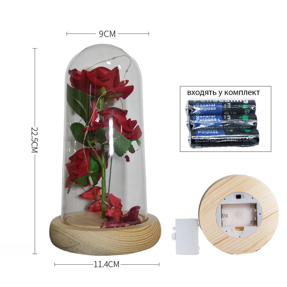 Роза-ночник в колбе с LED подсветкой 20 см 3 цветка с белой деревянной подставкой Красный (825-02) - фото 9