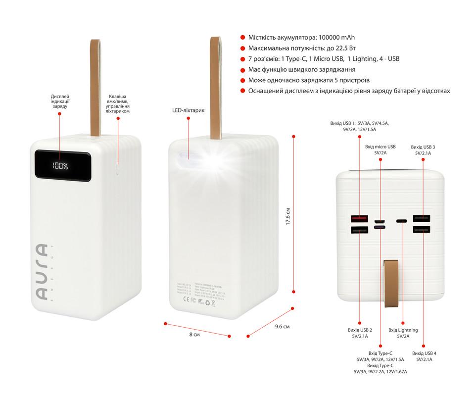 Повербанк Aura NRG-P100 100000 mAh 22,5W White (PBANRG-P100W) - фото 2