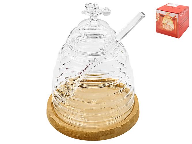 Банка для меда с ложкой на бамбуковой подставке 10х10х13 см (MMS-R30171)