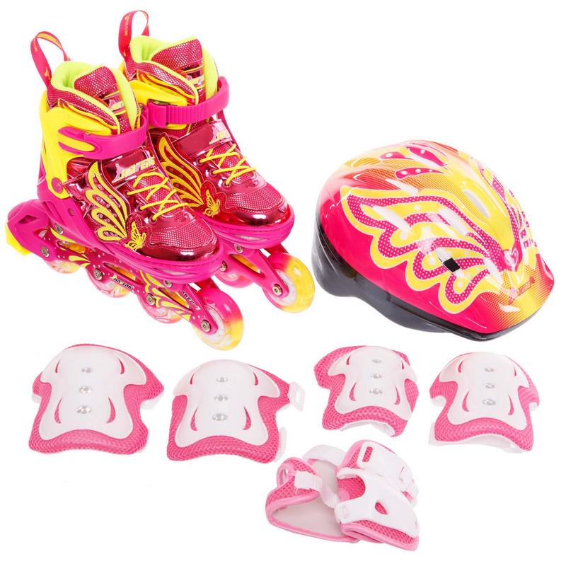 Роликовые коньки раздвижные детские JINGFENG 189 с защитой и шлемом р. 35-38 Розовый (189_Розовый_M_(35-38) - фото 2