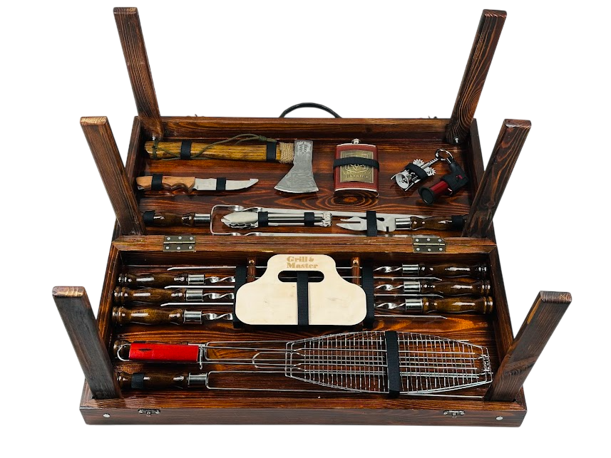 Набір шампурів "Отаман" великий в кейсі дерев'яний/нержавіюча сталь Коричневий (14-10-KS-7303)