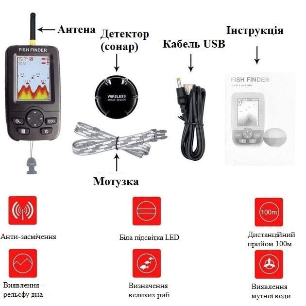 Эхолот Lucky Fish Finder XJ-01 для рыбалки с цветным ЖК-дисплеем - фото 3