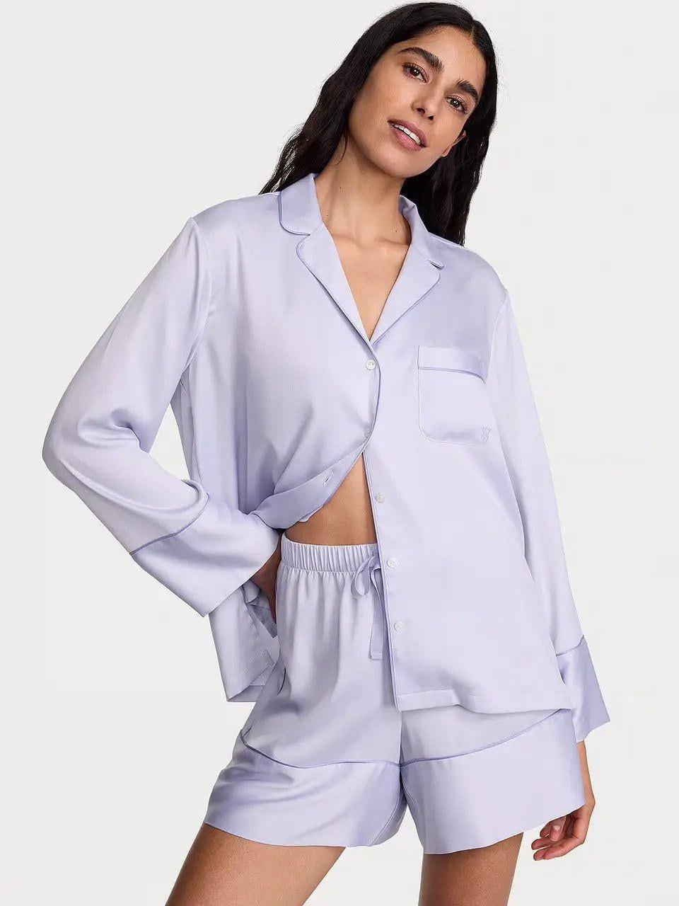 Пижама Victoria's Secret Signature Satin Long-Sleeve Short S Голубой (27178743D)
