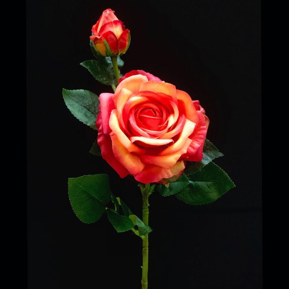 Висока штучна троянда 65 см Real Touch, латексна реалістична квітка з бутоном, сицилійський апельсин (рожево-п