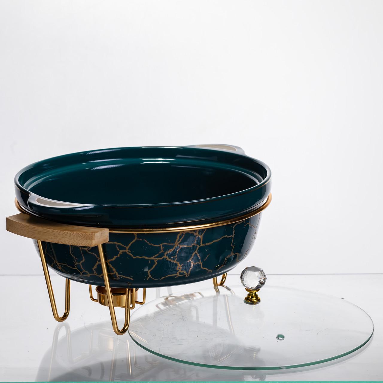 Мармит фарфоровый настольный круглый мармитница с подогревом Зеленый мрамор 2 л ​​(LC-715)