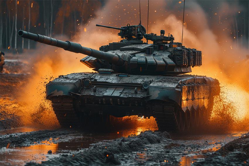 Флаг Танк в бою флажная сетка 105х70 см (14131)