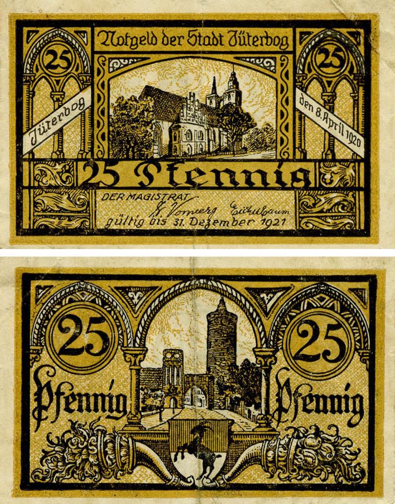 Коллекционная банкнота Германия Нотгельд 25 пфеннигов 1921 F-VF Йютербог (Б18566)