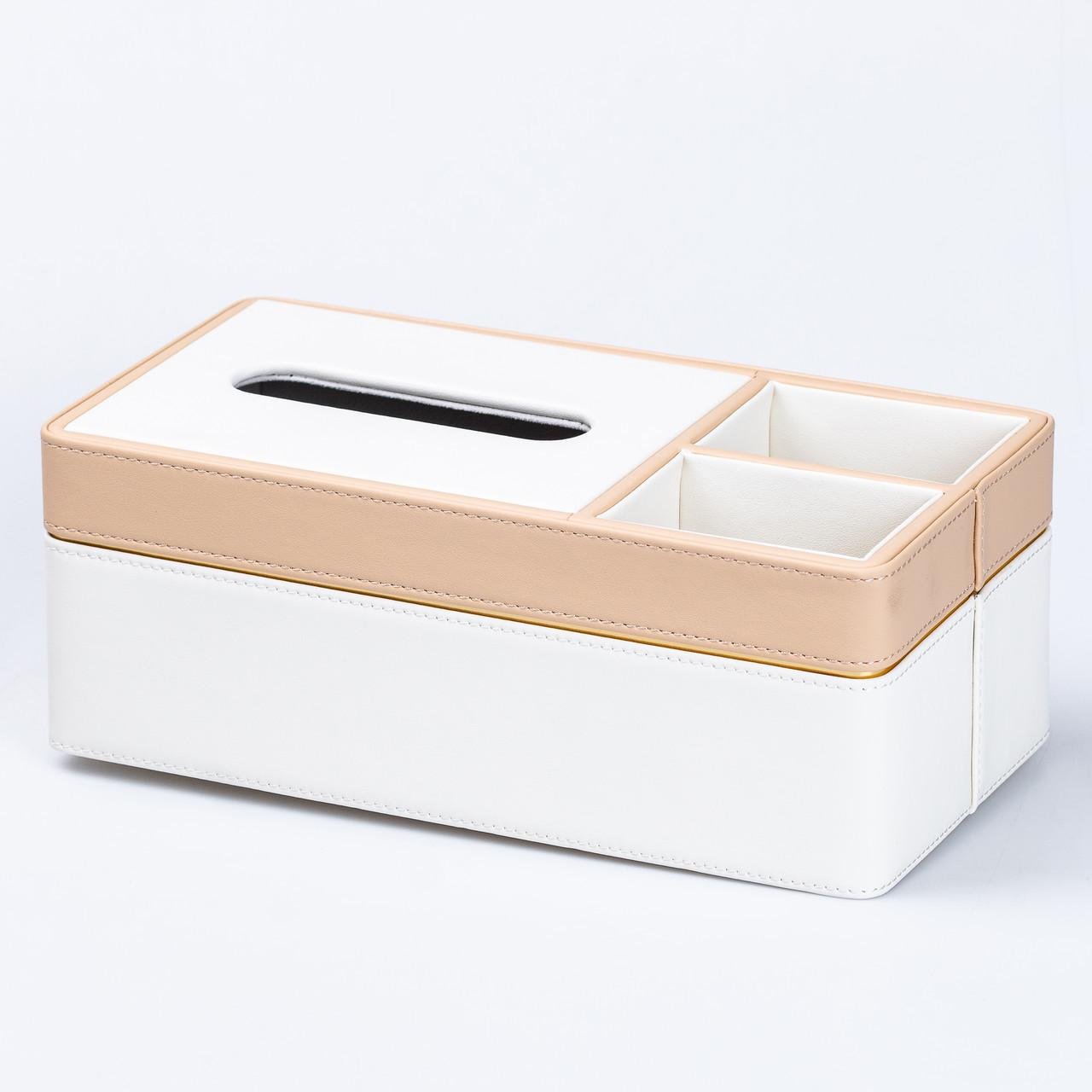 Серветниця-органайзер з еко-шкіри 3 відділення 27х14х10 см Білий/Бежевий
