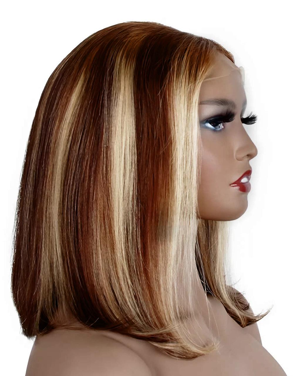 Перука каштанове каре зі світлими пасмами з сіточкою фронт-лейс (55-186-1722)