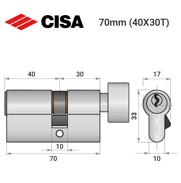 Циліндр замка ключ/вороток Cisa C2000 70T 40x30T нікель матовий (37970) - фото 4