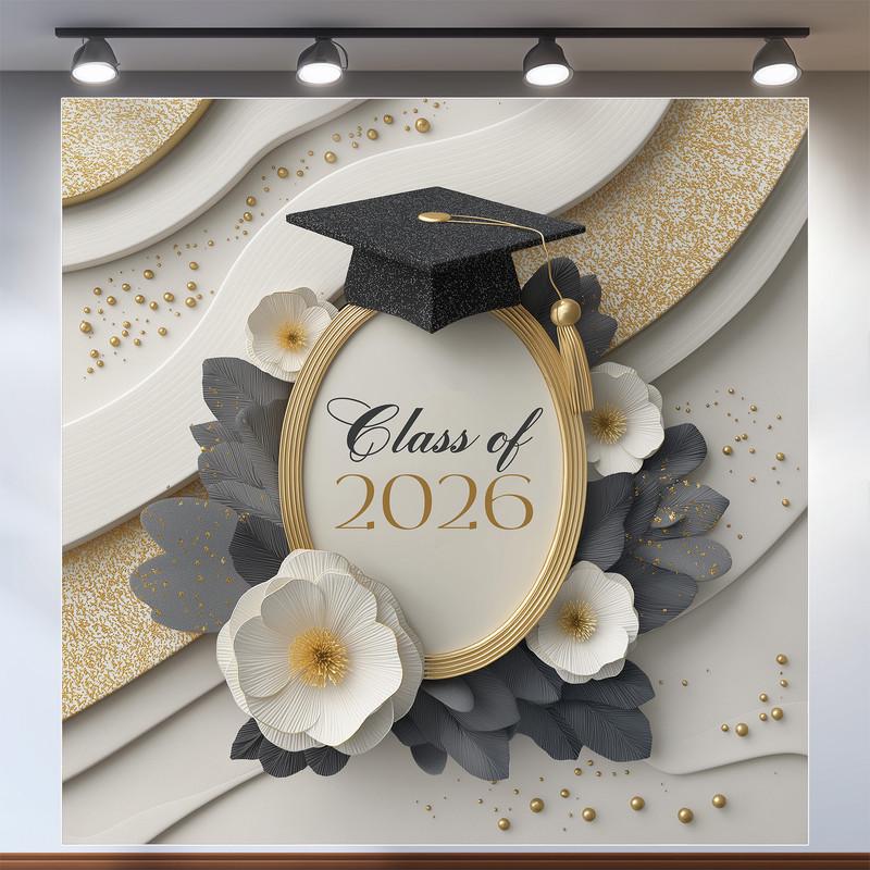 Баннер для фотозоны "Class of 2026" в светлых тонах с белыми цветами и декором 160x160 см №41057