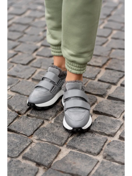 Кроссовки женские кожаные с замшевыми вставками на меху р. 41 26,5 см Серый - фото 6