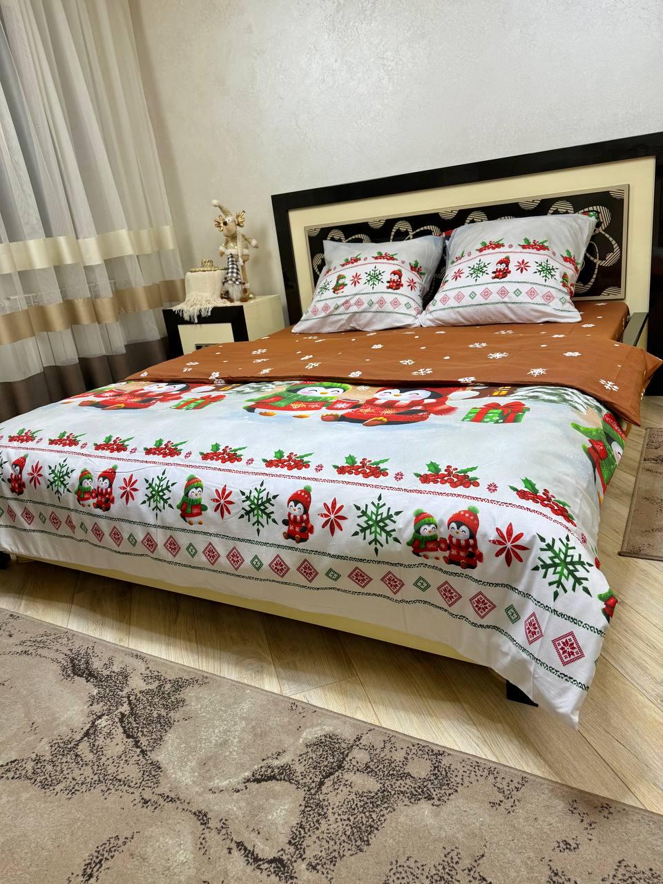 Комплект постельного белья евро Новогодний 8318 хлопковый 200х220 см Коричневый (28822160)